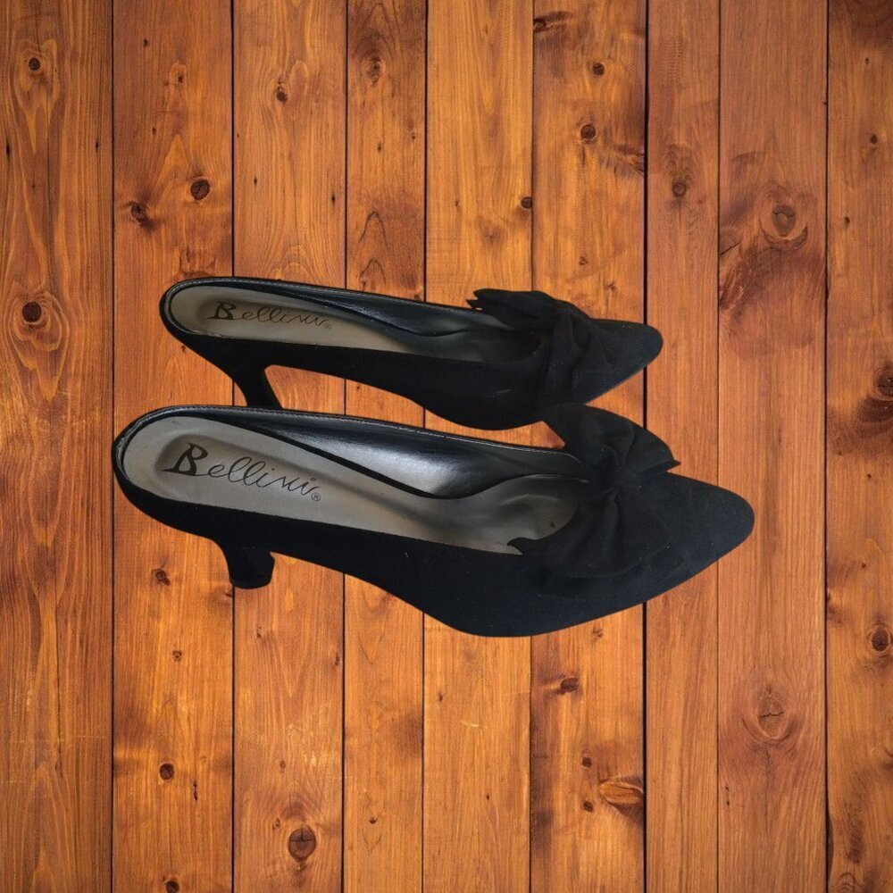 Bellini Women's Size 9.5M Black Slip On Faux Suede Heels Bow Accent